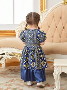 嬰兒女裝幾何印花泡泡袖裙 - 藍色 - 查看 2