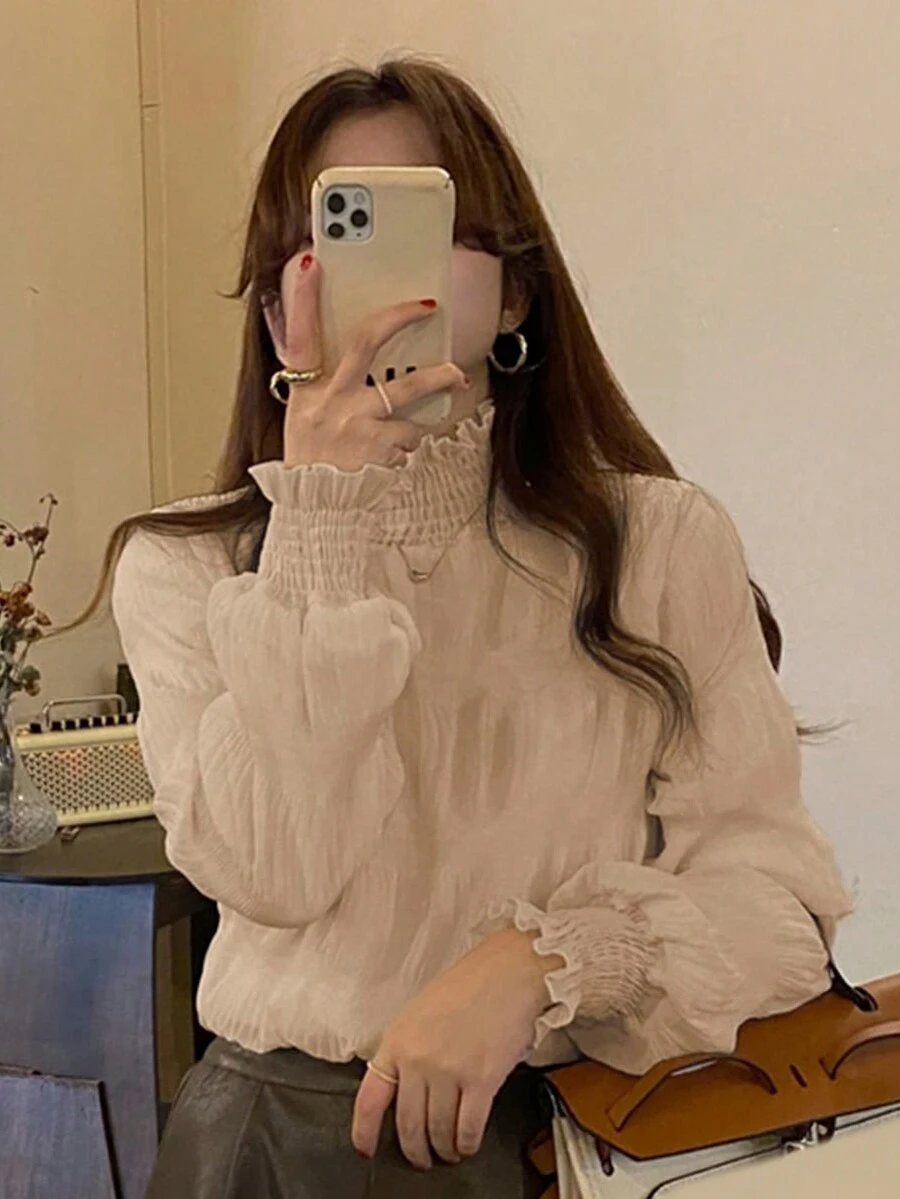 女士纯色荷叶边领长袖宽松衬衫，春秋季 - 杏色 - 查看 1