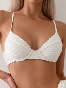 SHEIN Swim 夏季女士纯色纹理吊带比基尼套装 - 白色 - 查看 4