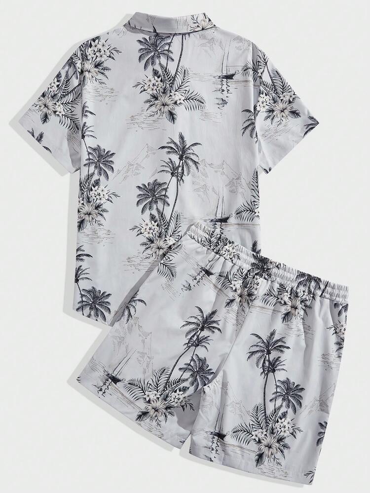 Men'S Plus Size Palm Tree Print Short Sleeve Shirt And Shorts Set