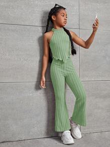 SHEIN Tween Girls' Ribbed Knit Sleeveless Halter Top And Flared Pants Set - Lime Green - View 1