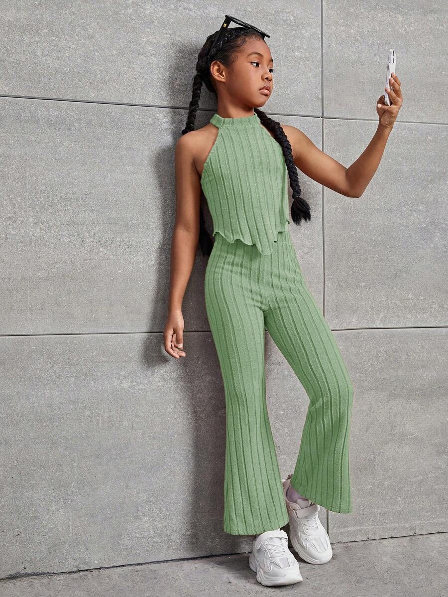 SHEIN Tween Girls' Ribbed Knit Sleeveless Halter Top And Flared Pants Set - Lime Green - View 1