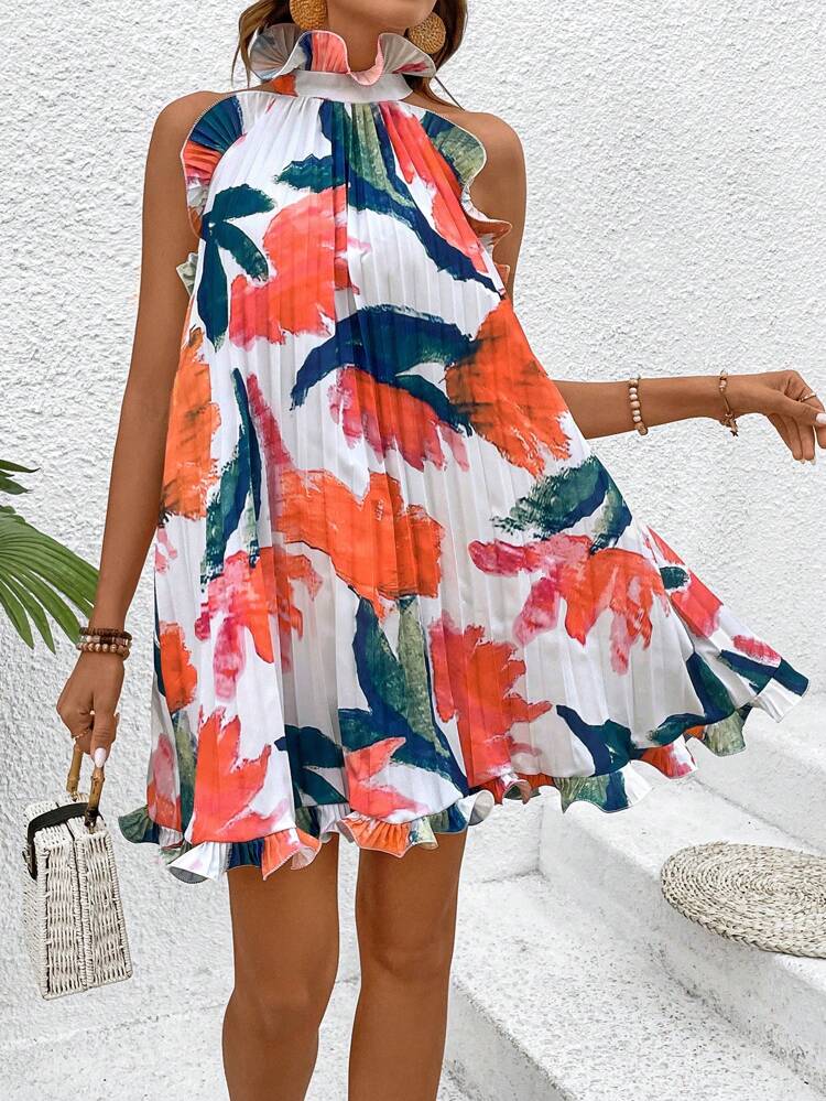 Women's Plant Printed Frill Hem Halter Neck Dress