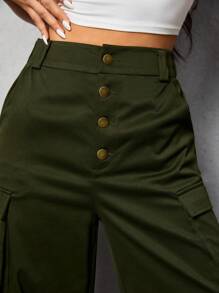 SHEIN PETITE 女性鈕扣前蓋式口袋直筒褲 - 軍綠色 - 查看 5