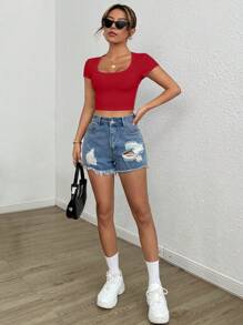 Muchica Solid Color Slim Fit Short Sleeve T-Shirt With Large Round Neck - Red - View 3