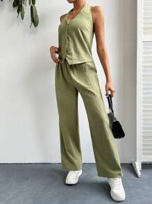 SHEIN Essnce 女性純色露背背心上衣和寬腳褲休閒兩件套裝 - 綠色 - 查看 6