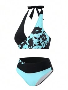 SHEIN Swim Bộ bikini chắp vá in hoa đi biển mùa hè dành cho nữ - Nhiều màu - Xem 4