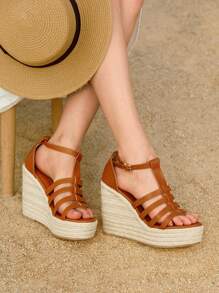 Styleloop Women's Fashionable Minimalist Strappy Brown Wedge Heel Espadrilles Sandals Ideal For Vacation,Casual Outdoor Beach Roman Boho Comfort Women's Sandals, Solid Color Faux Leather Open Toe Ankle Strap Sandals