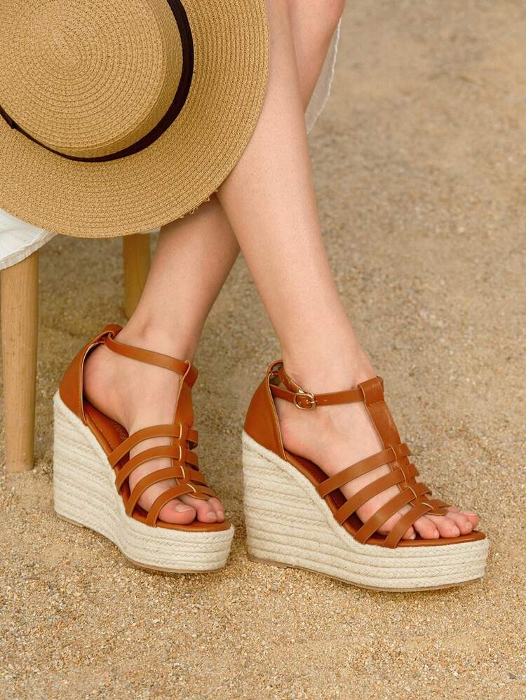 Women's Fashionable Minimalist Strappy Brown Wedge Heel Espadrilles Sandals Ideal For Vacation,Casual Outdoor Beach Roman Boho Comfort Women's Sandals, Solid Color Faux Leather Open Toe Ankle Strap Sandals