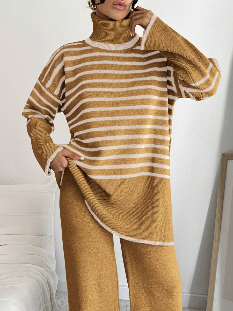 EURMUSE Women'S Striped Turtleneck Sweater And Solid Color Wide Leg Pants Two-Piece Set - Multicolor - View 1