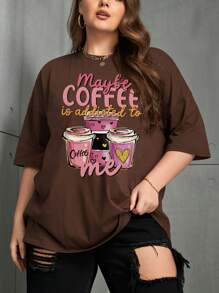 SHEIN LUNE Plus Size Women'S Coffee Printed Round Neck T-Shirt With Slogan - Chocolate Brown - View 1