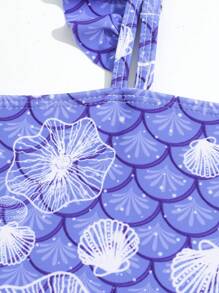 少女魚鱗印花連體泳衣套裝 - 藍色 - 查看 3