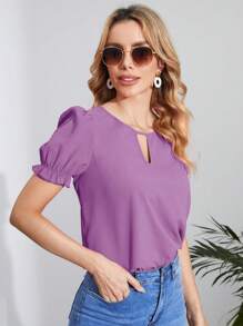 SHEIN Clasi Ladies' Hollow Out Puff Sleeve Solid Color Shirt - Violet Purple - View 4