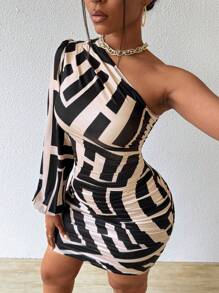 VaVaBold Women's Geometric Print One Shoulder Lantern Sleeve Dress Fall Cloth For Women - Brown - View 5