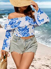 SHEIN Clasi Women's Plus Size Off Shoulder Flare Sleeve Shirt Fall Cloth For Women - Multicolor - View 3