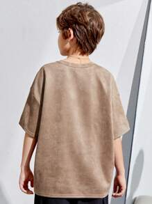 SHEIN Tween Boy Loose Fit Solid Color Suede T-Shirt - Grey - View 2