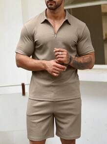Men'S Solid Color Half-Zip Polo Shirt And Shorts Set - Khaki - View 7