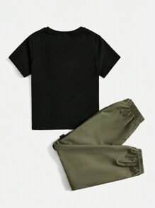 SHEIN Leap Crew 少女們的字母印花短袖t恤+工裝褲休閒套裝 - 軍綠色 - 查看 2