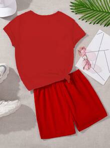 SHEIN Tween Girls' Korean Style Energetic Double Heart Print Casual T-Shirt Set, Suitable For Summer Beach, Camping, Sports, Birthday, Girls Summer Holiday - Red - View 2