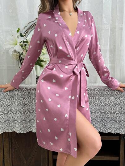 LuxeNights Simulated Silk Heart Print Homewear Belted Robe Luxeloungewear, Fall