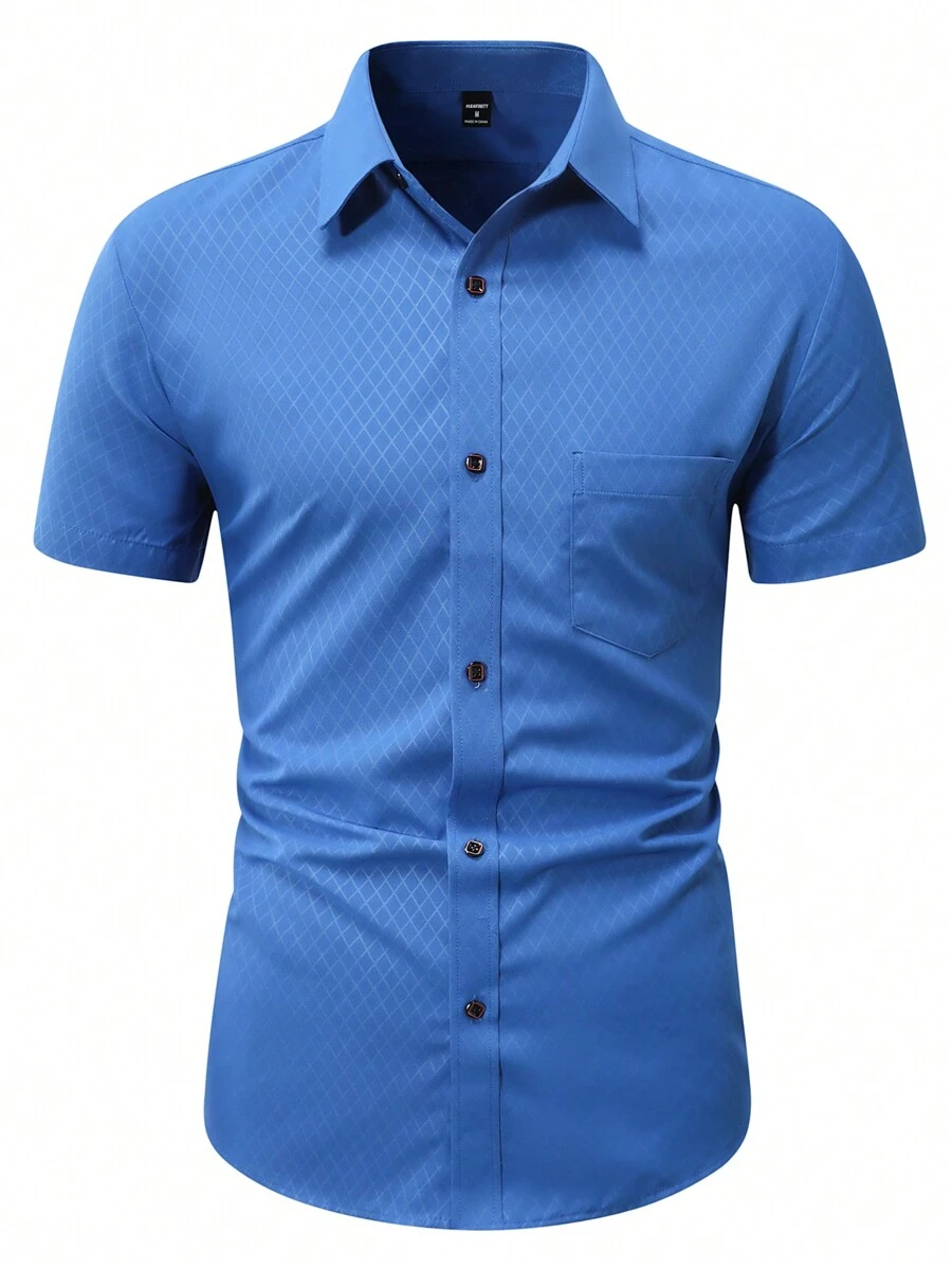 Manfinity Mode Men's Plaid Short Sleeve Shirt, Blue Men Shirts, Men's Short Sleeve Dress Shirts, Royal Blue Men Shirt, Blue Designer Shirt - Royal Blue - View 1