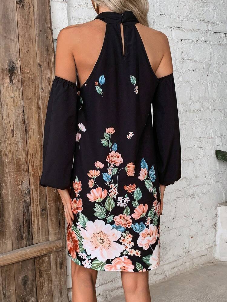Floral Open Shoulder Halterneck Dress Fall Cloth For Women