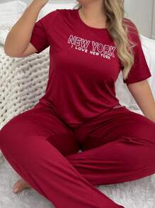 Women's Plus Size Slogan Printed Short-sleeved Trousers Pajama Set - Red - View 1