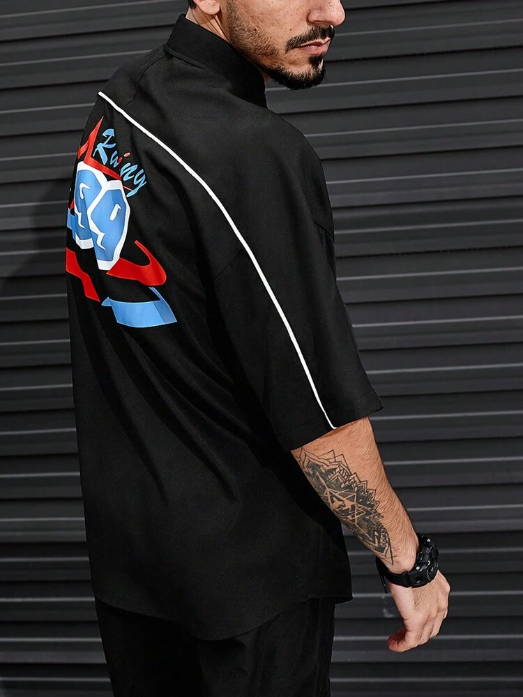 Men's Loose Fit Text Printed Short Sleeve Shirt