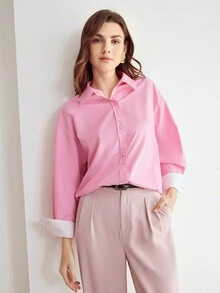 MOTF PREMIUM Dệt Của phụ nữ Thả vai Áo sơ mi - Hồng - Xem 12