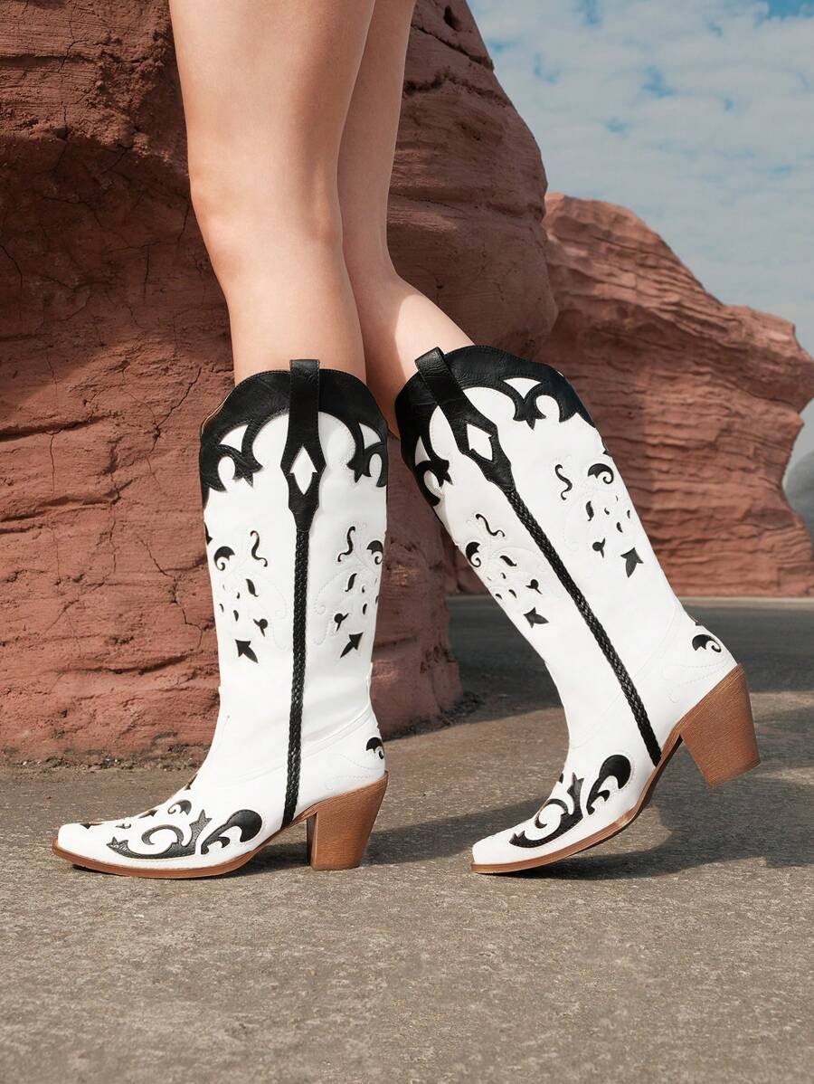 Styleloop Women's Western Boots, Boho Style, Retro American Style, Bohemian, Western Music Festival, Party, Christmas, Halloween Outfit - Black and White - View 1