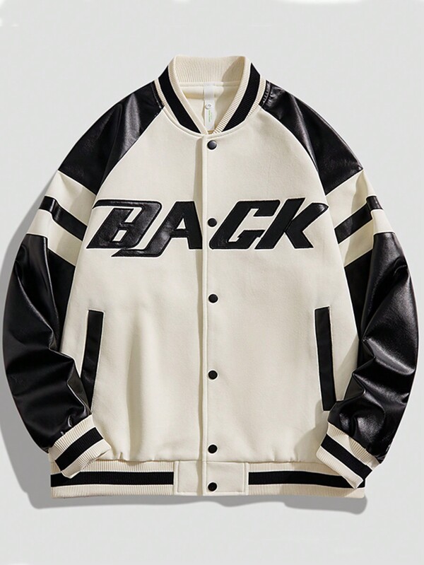 Veste de baseball à boutons avec imprimé lettres en bloc de couleurs pour hommes