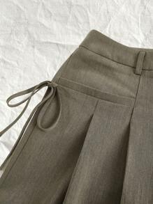 SHEIN EZwear Quần dệt trơn màu cỡ lớn cho nữ có nút thắt và khóa kéo bên hông - xanh quân đội - Xem 3