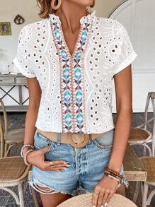 Breezaya Women'S Geometric Pattern Woven Belt Batwing Short Sleeve Blouse