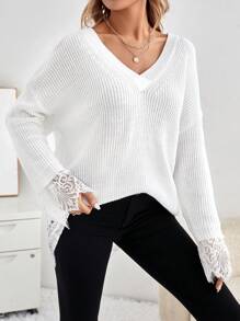 SHEIN LUNE Lace Trimmed V-Neck Long Sleeve Sweater With Lace Hem