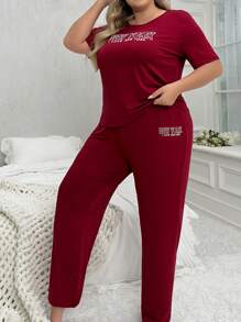 Women's Plus Size Slogan Printed Short-sleeved Trousers Pajama Set - Red - View 3