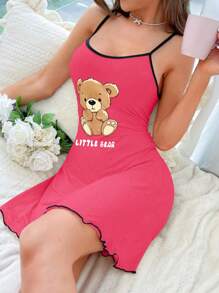 Bear Print Cami Pajama Dress For Sleepwear - Pink - View 5