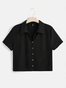SHEIN EZwear Talla Grande Jersey De Punto Con Abertura Frontal Y Apariencia De Camiseta - Negro - Ver 1