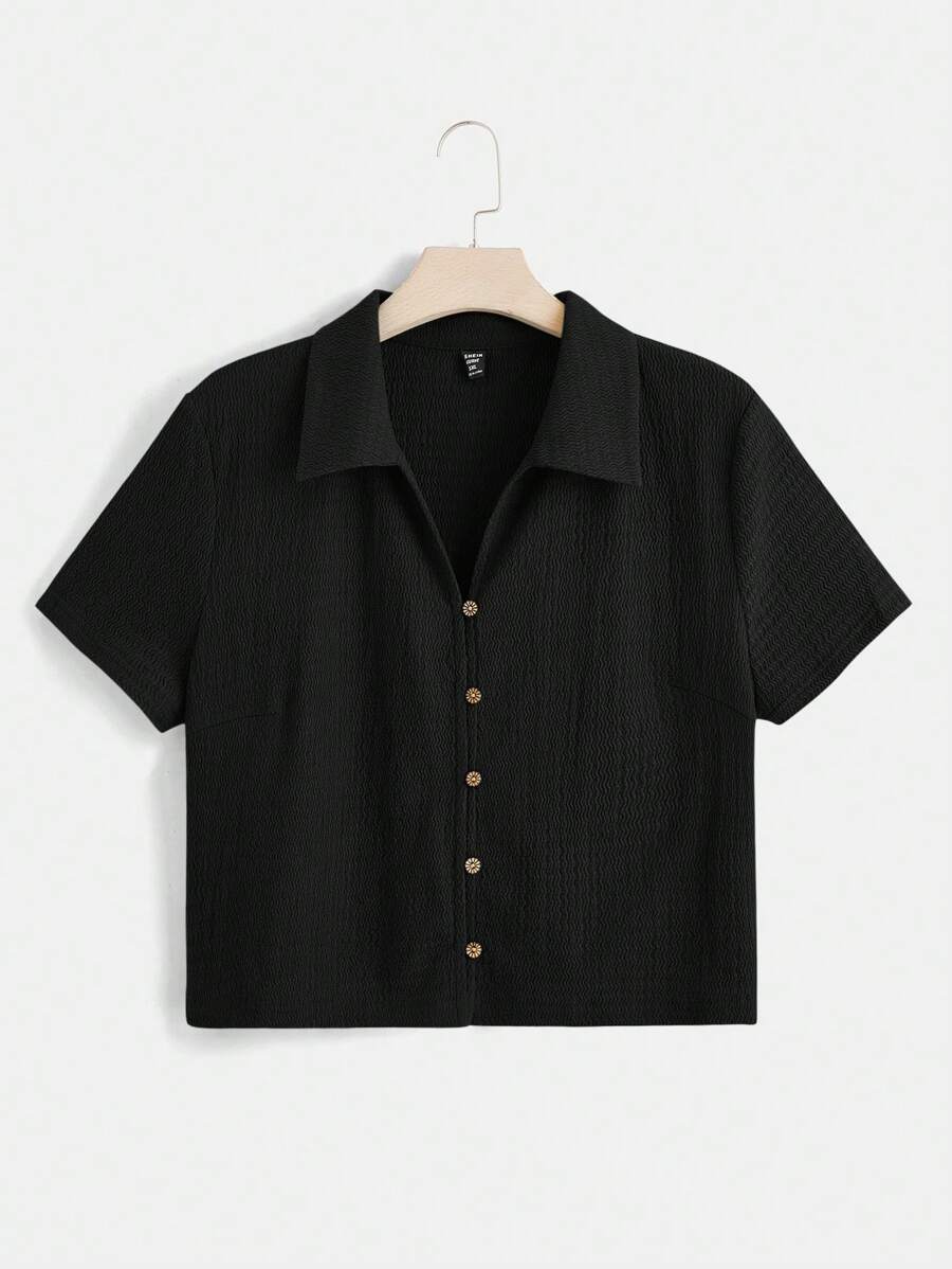 SHEIN EZwear Talla Grande Jersey De Punto Con Abertura Frontal Y Apariencia De Camiseta - Negro - Ver 1