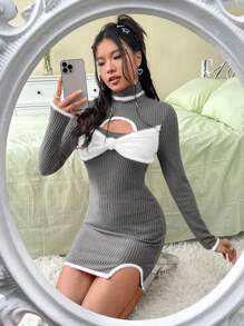 SHEIN EZwear Women'S Color Block High Neck Hollow Out Bow Decoration Dress With Furry Edge