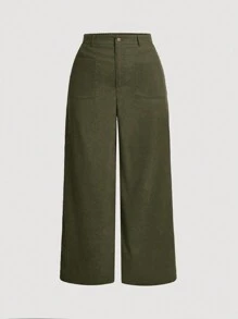 SHEIN MOD Plus Size Plain Pocketed Straight Leg Pants - Army Green - View 1