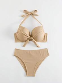 SHEIN Swim 夏季海滩女士吊带聚拢比基尼套装婚礼 - 米色 - 查看 4