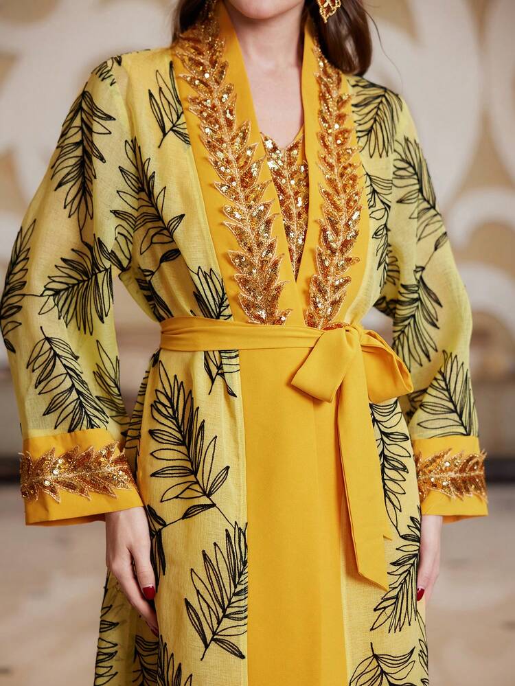 Women'S Floral Printed Sequin Splice Jacket And Dress Set 2 Piece Set Fall Cloth For Women