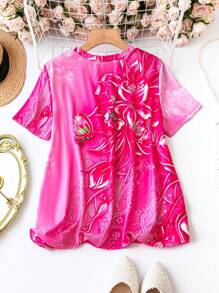 SHEIN LUNE Kích thước lớn Màu hồng Vòng cổ Hoa In Áo thun - Đỏ - Xem 2