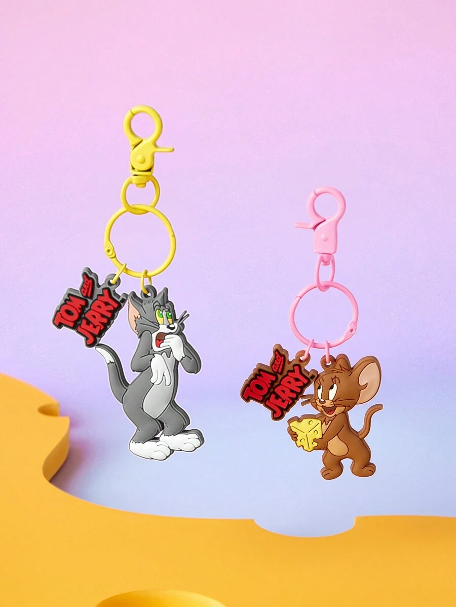 TOM & JERRY X SHEIN 2pcs Classic Series Cat And Mouse Design Keychain - Multicolor - View 1