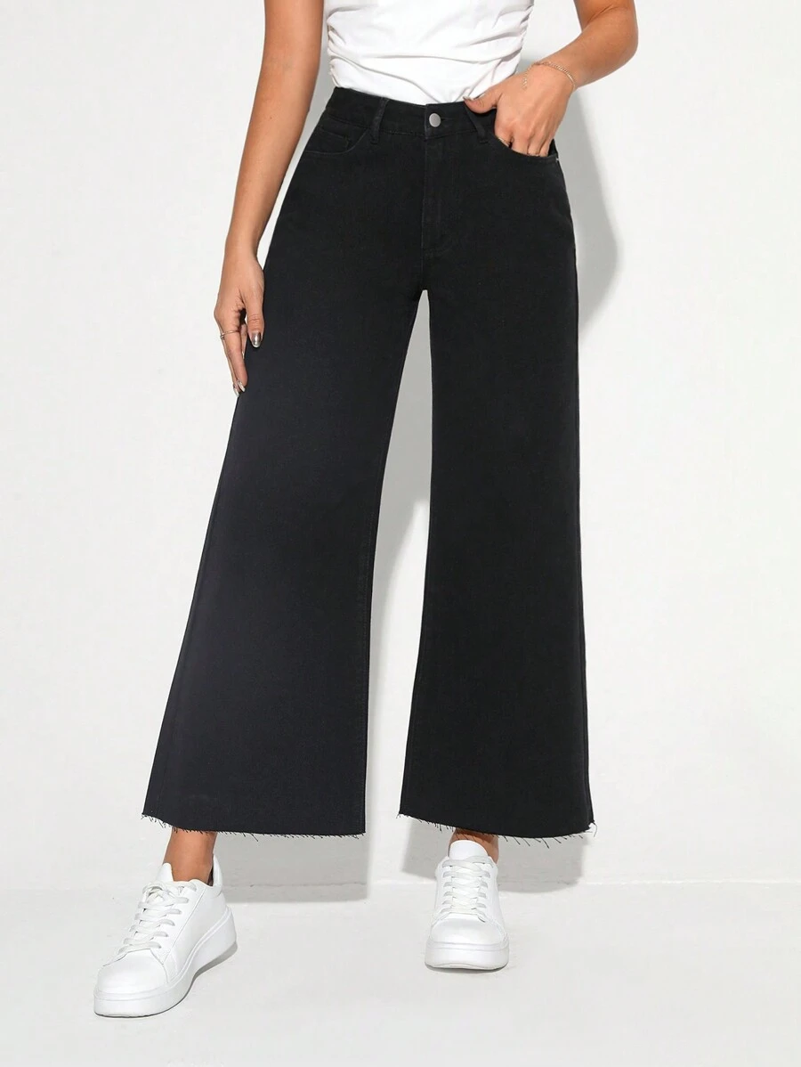 SHEIN Tall بنطلون جينز واسع الساقين أسود للنساء - الأسود - مشاهدة 1