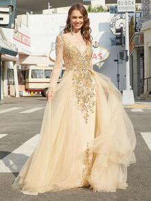 Sequin Embroidery Long Sleeve Mesh Party Dress