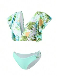 SHEIN Swim 女性熱帶植物印花泳衣套裝,嘉年華專屬 - 彩色 - 查看 3