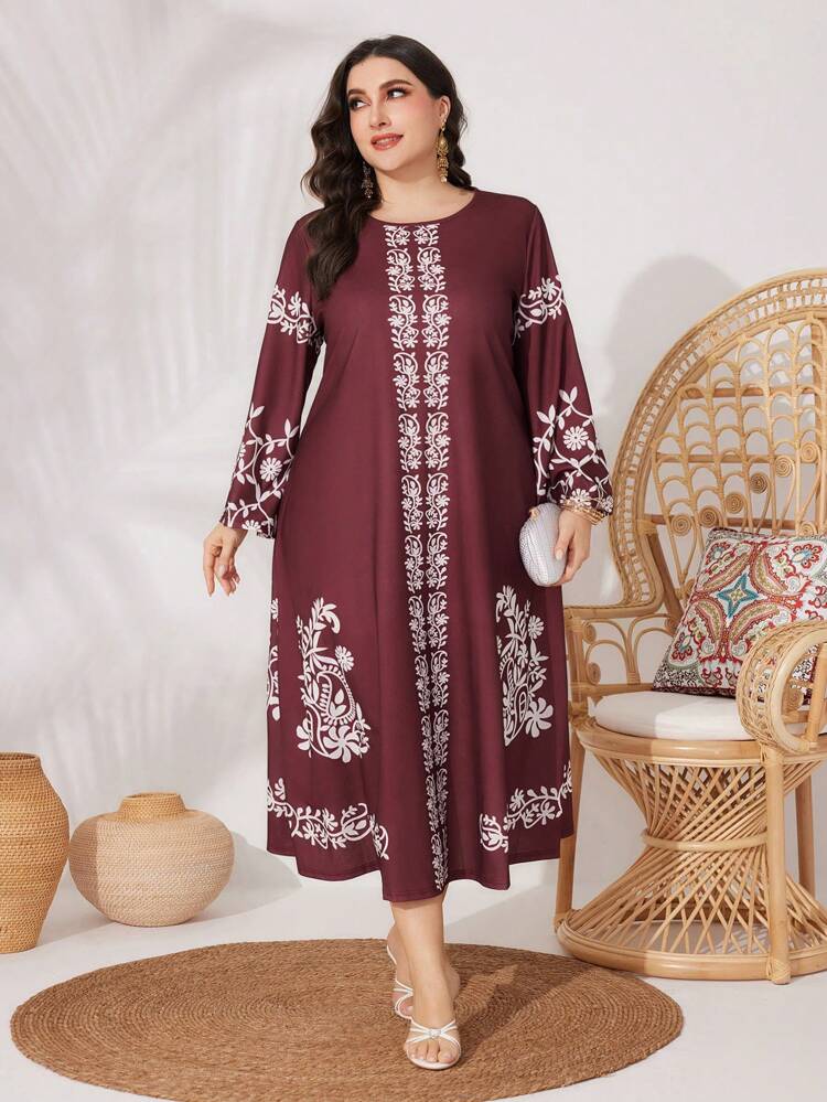 Plus Size Women's Floral Printed Arab Long Sleeve Dress