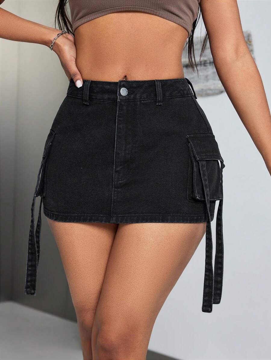 SHEIN SXY Ladies' Solid Color Cargo Style Denim Mini Skirt - Black - View 1