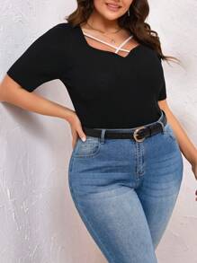 SHEIN Clasi Women's Plus Size Asymmetric Neck Ribbed Knit Top - Black - View 1